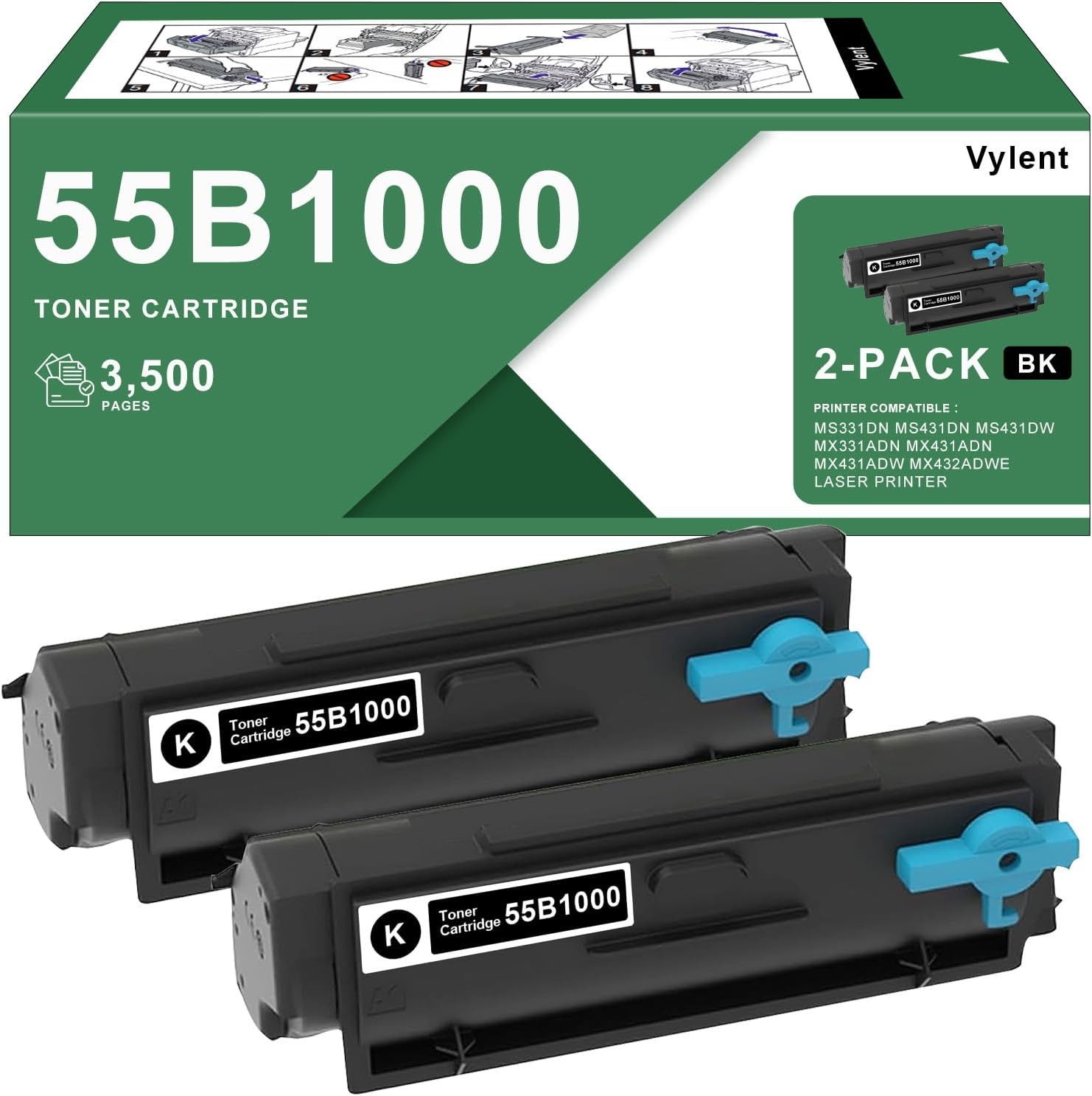 55B1000 High Yield Toner Cartridge Lexmark MS331dn 2 Pack