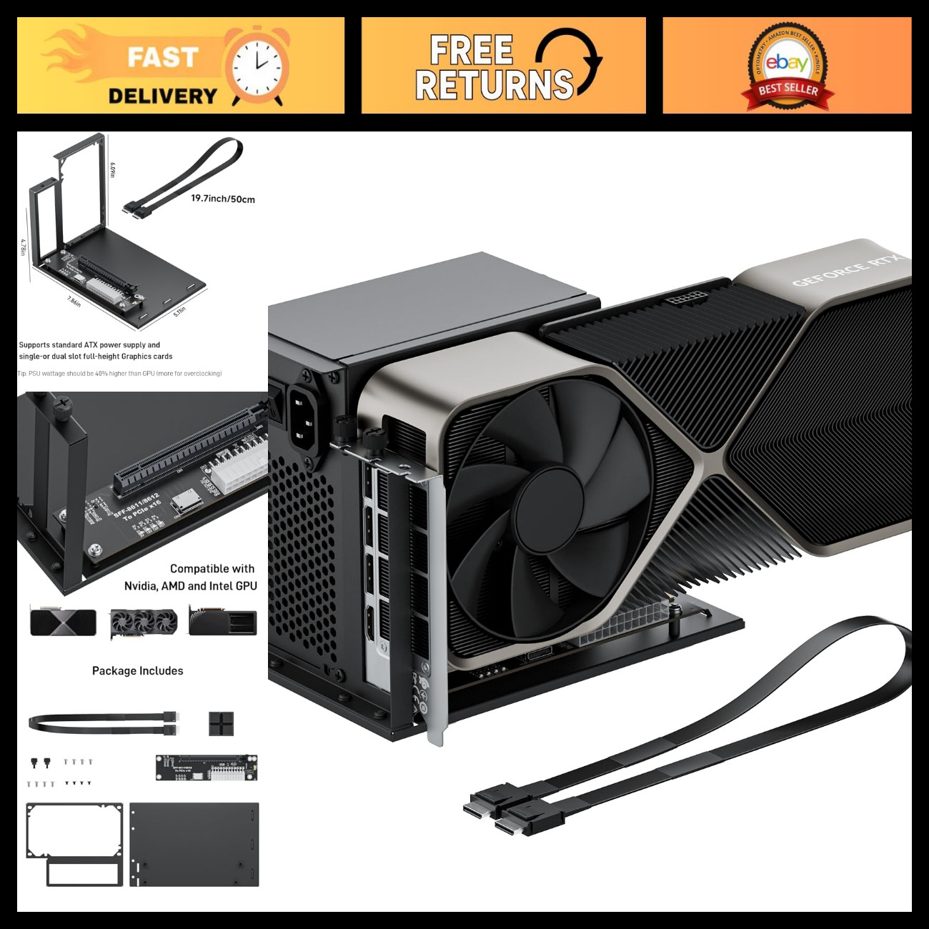 eGPU External Graphics Card Dock PCIe 4.0 x4 64Gbps, OCuLink to PCIe x16, 50cm C