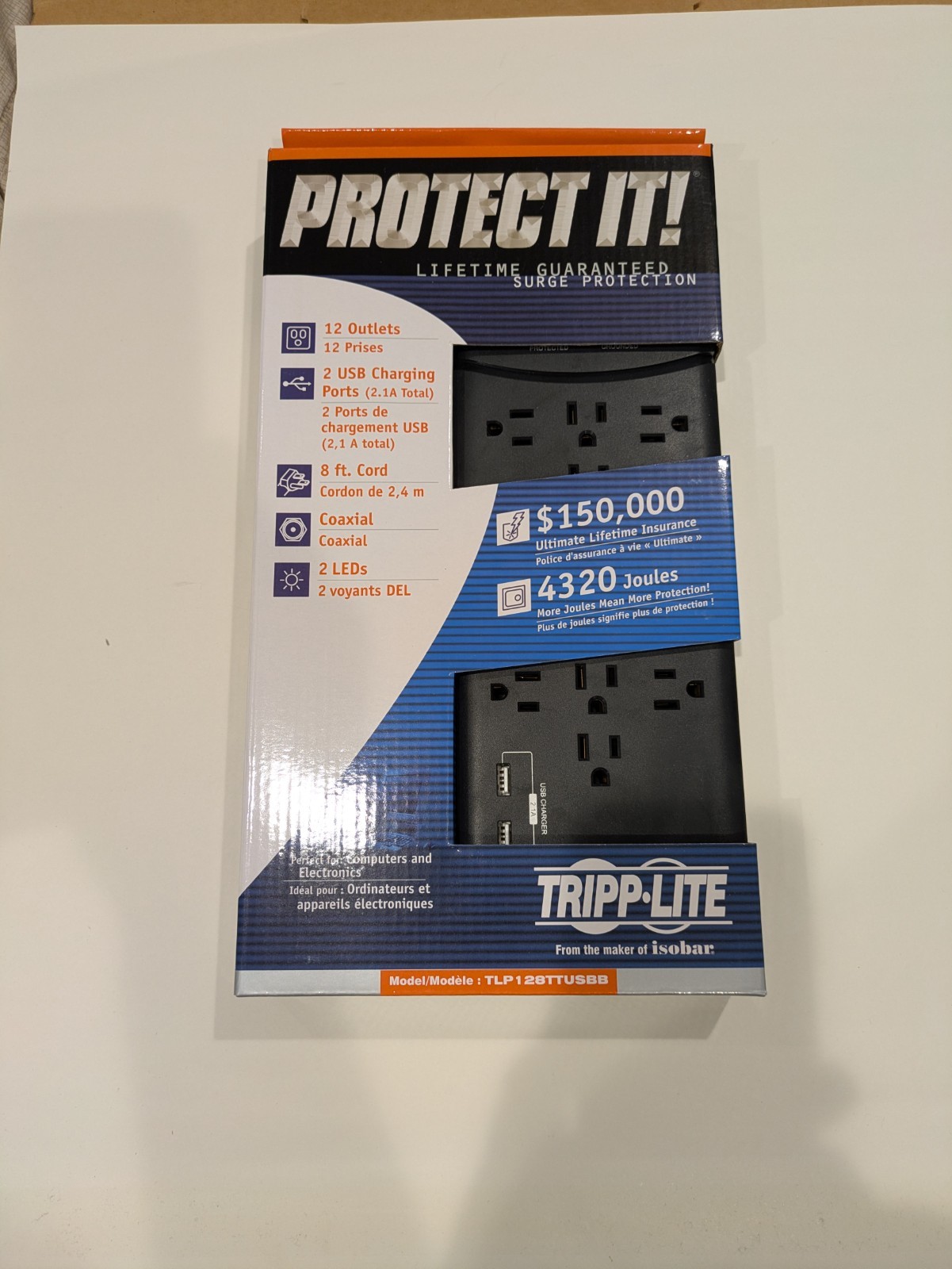 Tripp Lite TLP128TTUSB Surge Protector 12 Outlets 2 USB 4320J 8ft Cable