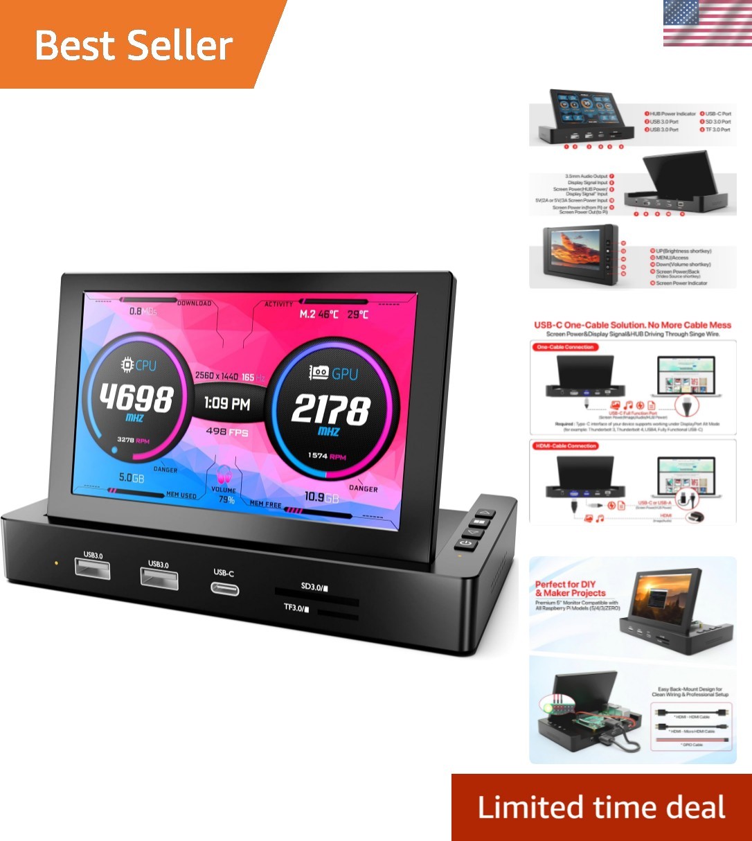 5'' Mini Monitor for Raspberry Pi & HUB Integrated, USB-C One-Cable Connect