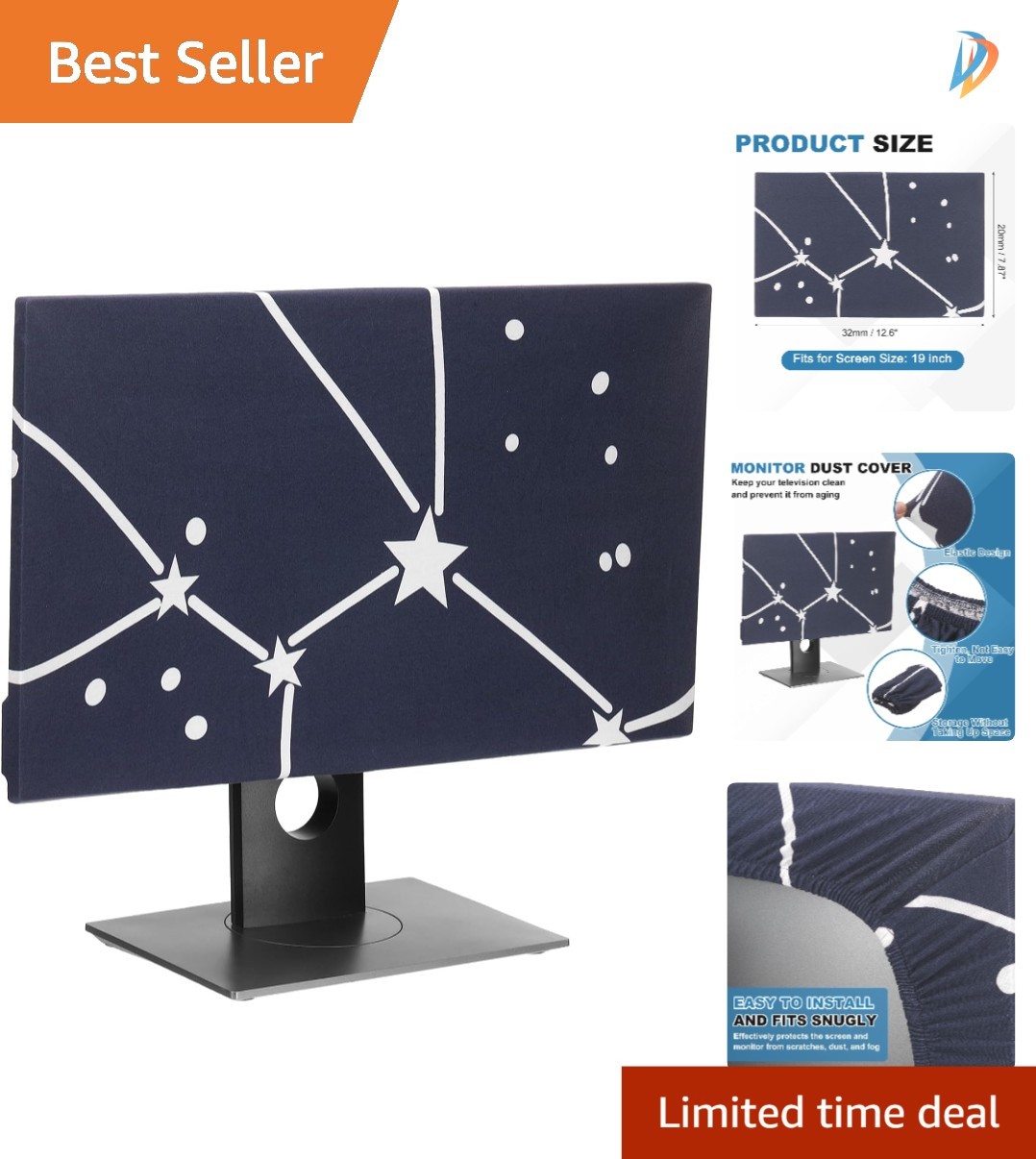 Durable 19-Inch Anti-Static Dust Cover for Monitors & TVs - Black Fiber Fabric