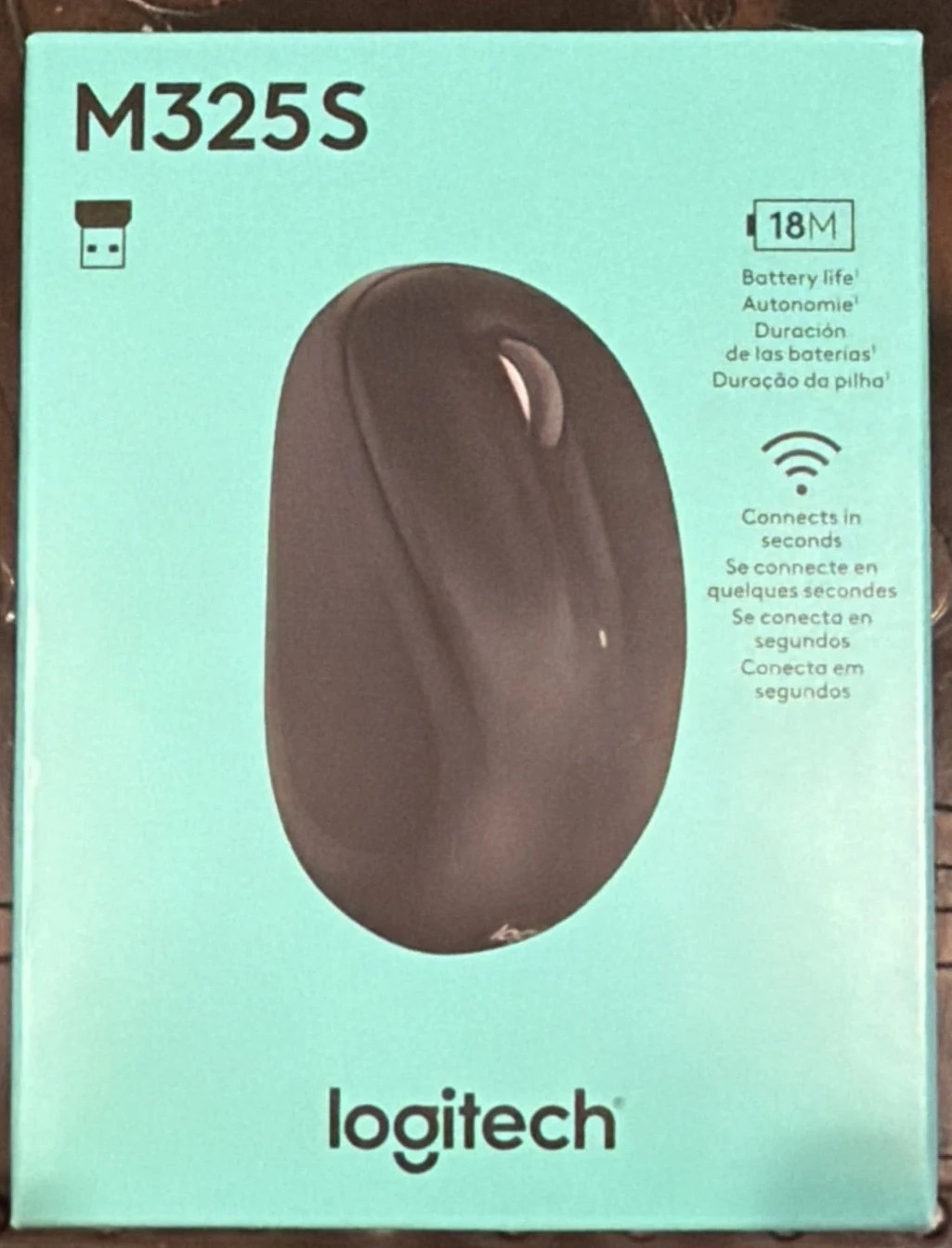 Logitech M325S 2.4 GHz wireless mouse with a USB receiver (dongle)