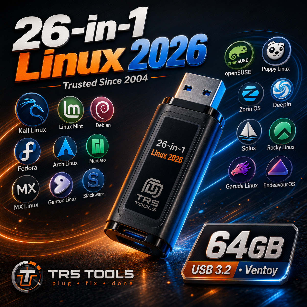 Bootable Linux USB 64GB USB 3.2 | 26-in-1 Multiboot Drive Physical Media