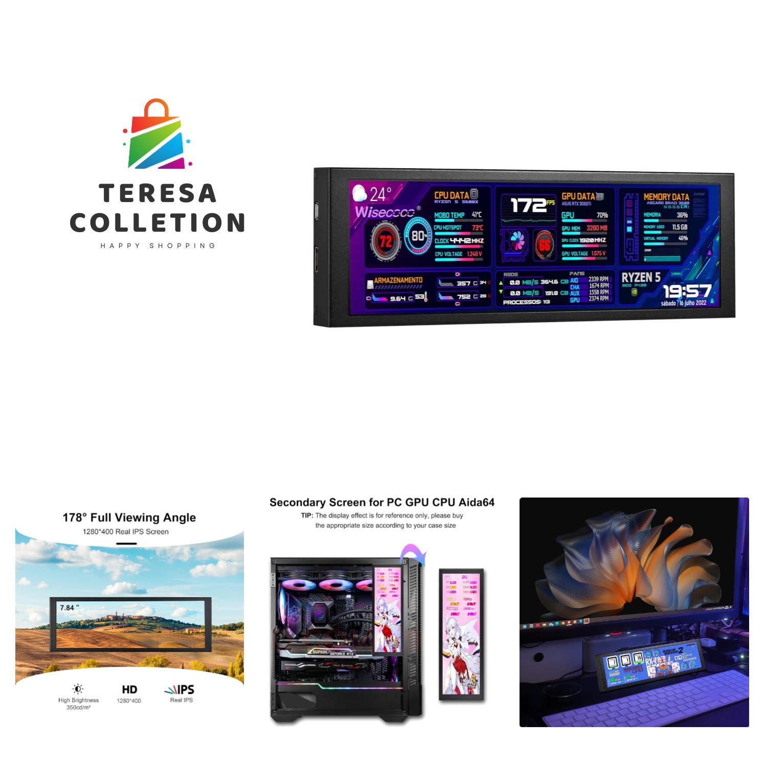 7.84 Inch Mini Monitor HD IPS 1280x400 Secondary Screen Stretched Bar LCD Dis...