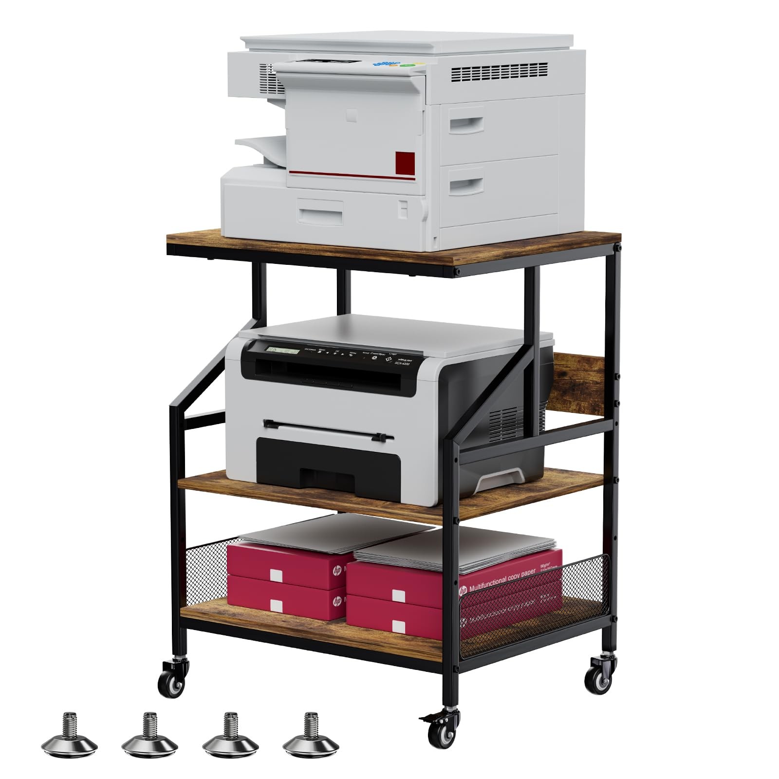 3-Tier Rolling Printer Cart with Storage Shelves, Rustic Brown