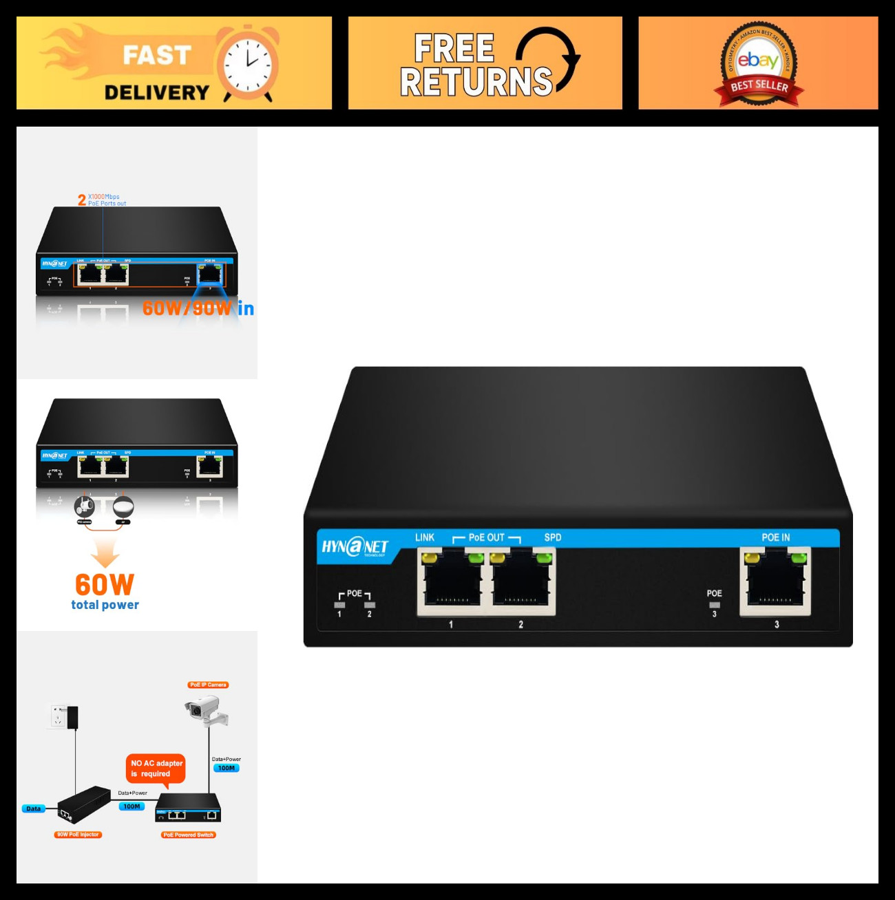POE Ethernet Extender 1 Port 60W, 2 Ports 30W Out, IEEE802.3af/at/bt, 100m Range