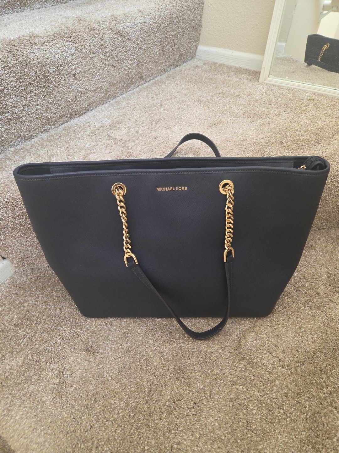 Michael Kors Extra Large Shoulder Tote Gold Chain Leather Laptop  Blue  18X12 