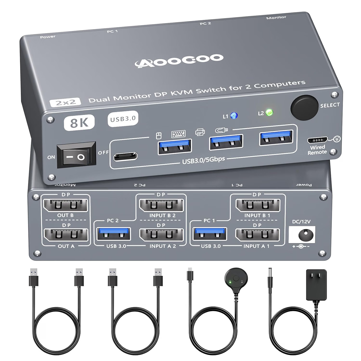 Displayport KVM Switch 2 Computers 2 Monitors, 8K@60Hz/4K@240Hz Dual Monitor KVM