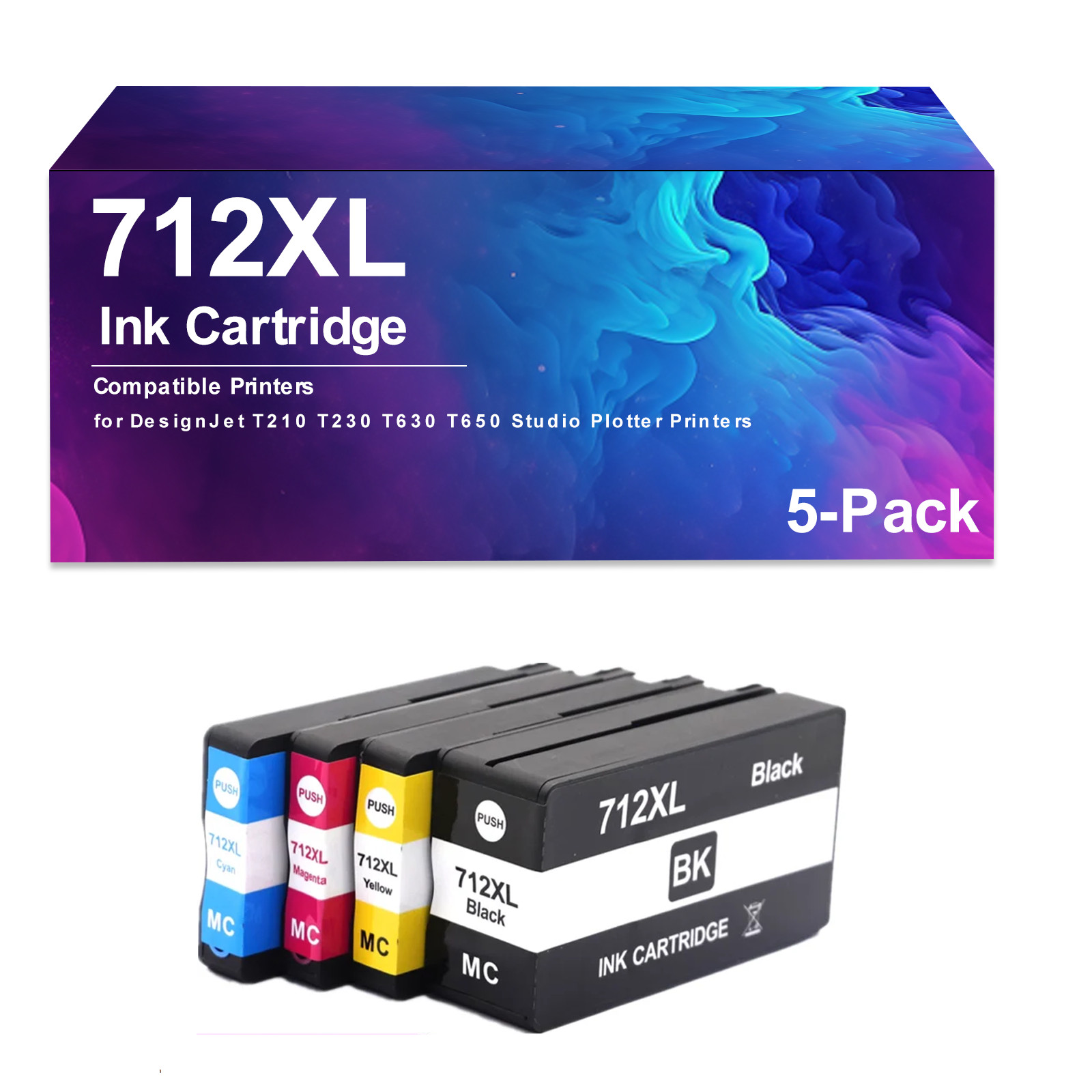 5 Pack  712XL  Ink Cartridge Compatible for DesignJet T210 T230 T630 T650