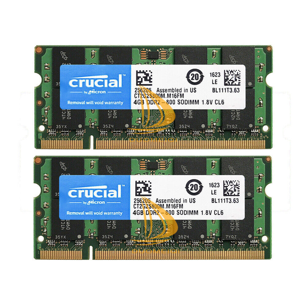 8GB Crucial Kit 2X 4GB 2RX8 PC2-6400 DDR2-800MHz 200pin SODIMM Memory Laptop