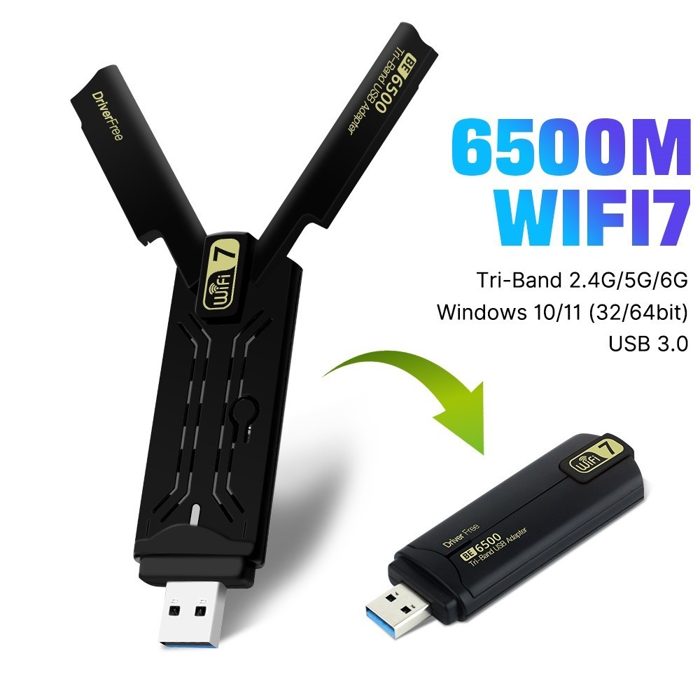 WiFi 7 6500Mbps USB 3.0 Adapter Tri-Band 6GHz Gaming for Desktop Laptop Win10/11