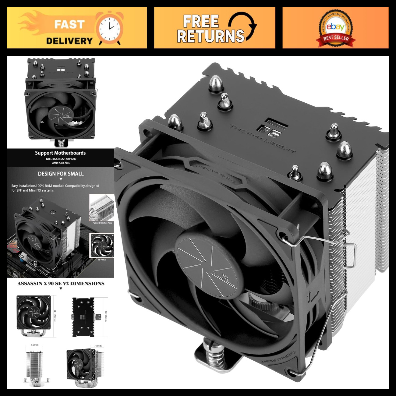 High-Performance 92mm CPU Cooler, PWM Quiet Fan, Intel LGA1700/1150/1151/1200, A