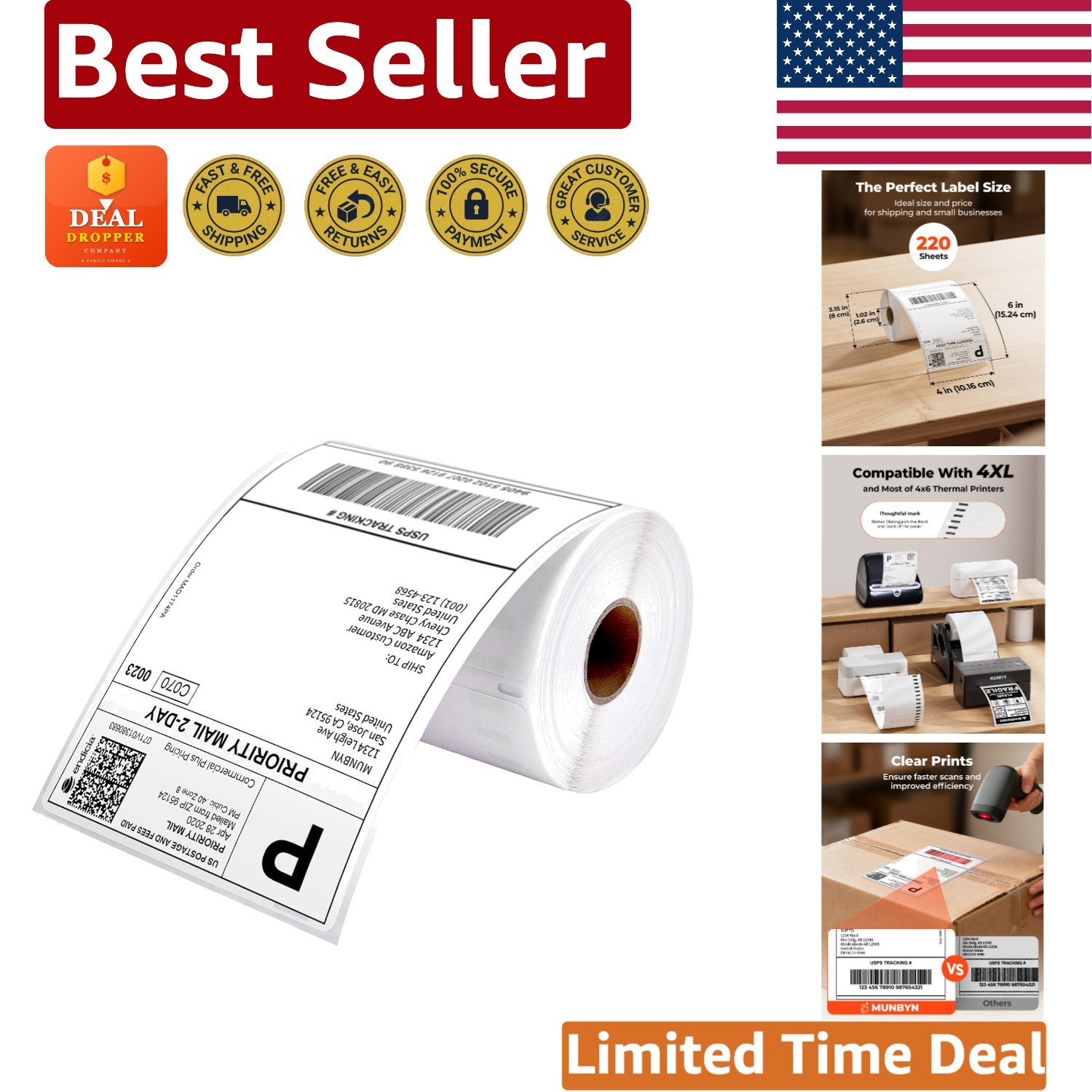 Durable 4x6 Shipping Labels - 220 Adhesive Labels, Ideal for Online Sellers