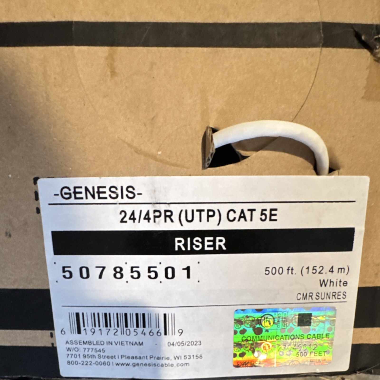 Genesis CAT 5E UTP Riser Ethernet Cable 500 ft White 24/4PR CMR 50785501