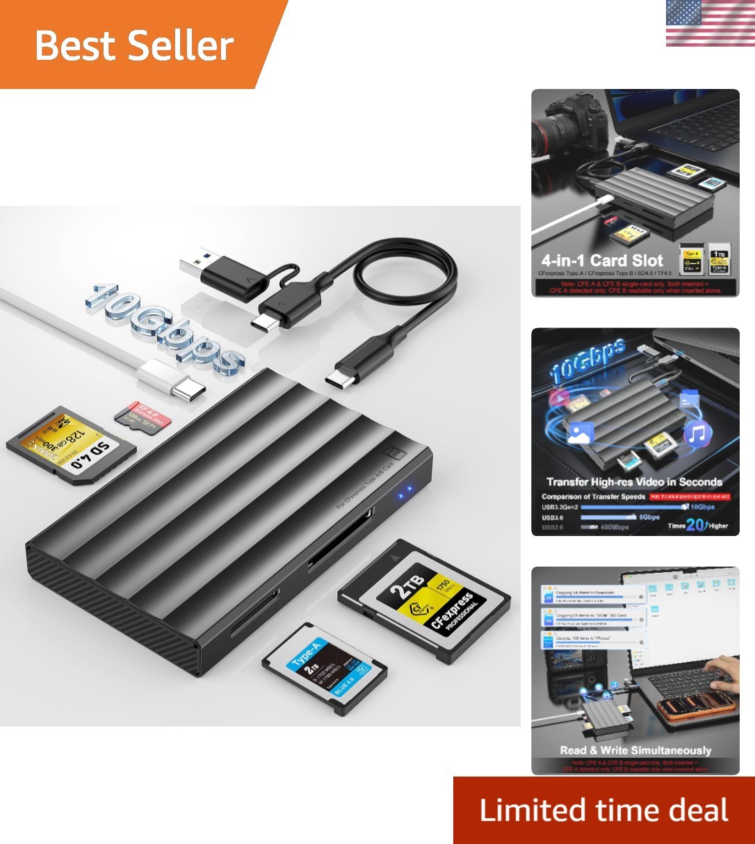 4-in-1 CFexpress Type A/B Card Reader – 10Gbps USB 3.2 for Content Creators