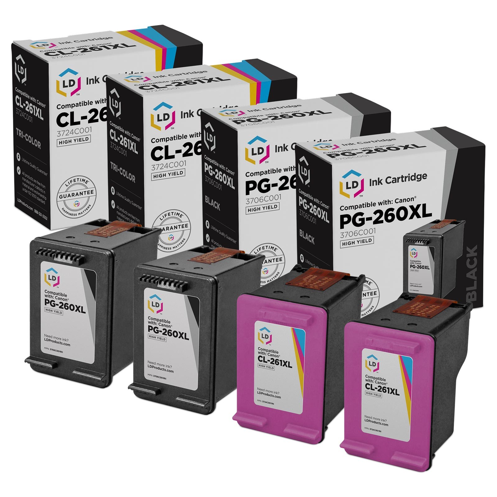 LD Replacements for Canon PG-260XL & CL-261XL High Yield Ink 4PK 2 Black 2 Color