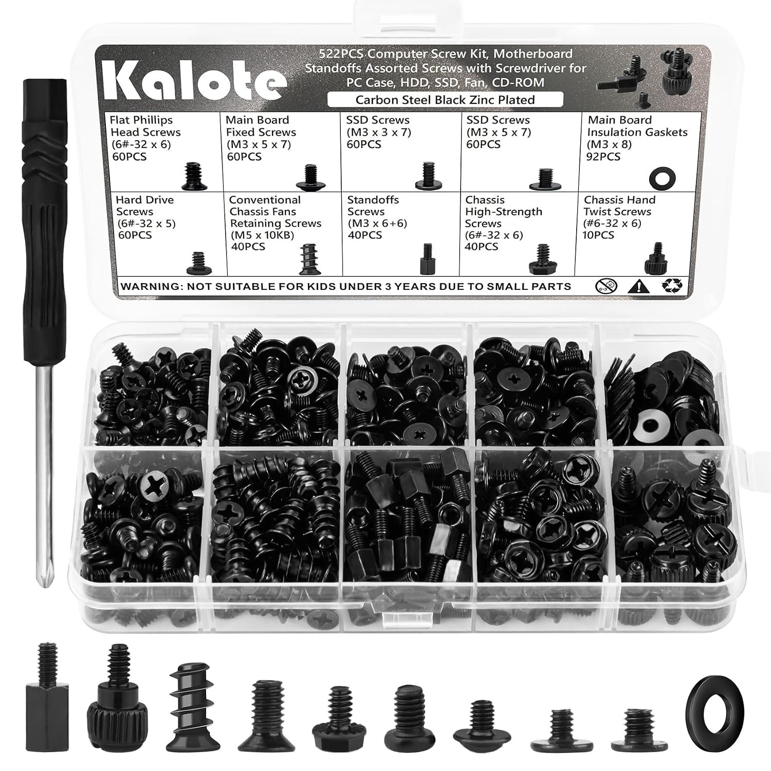 522Pc Computer Screw Kit M3 6-32 Motherboard Standoffs SSD HDD PC Case Screws