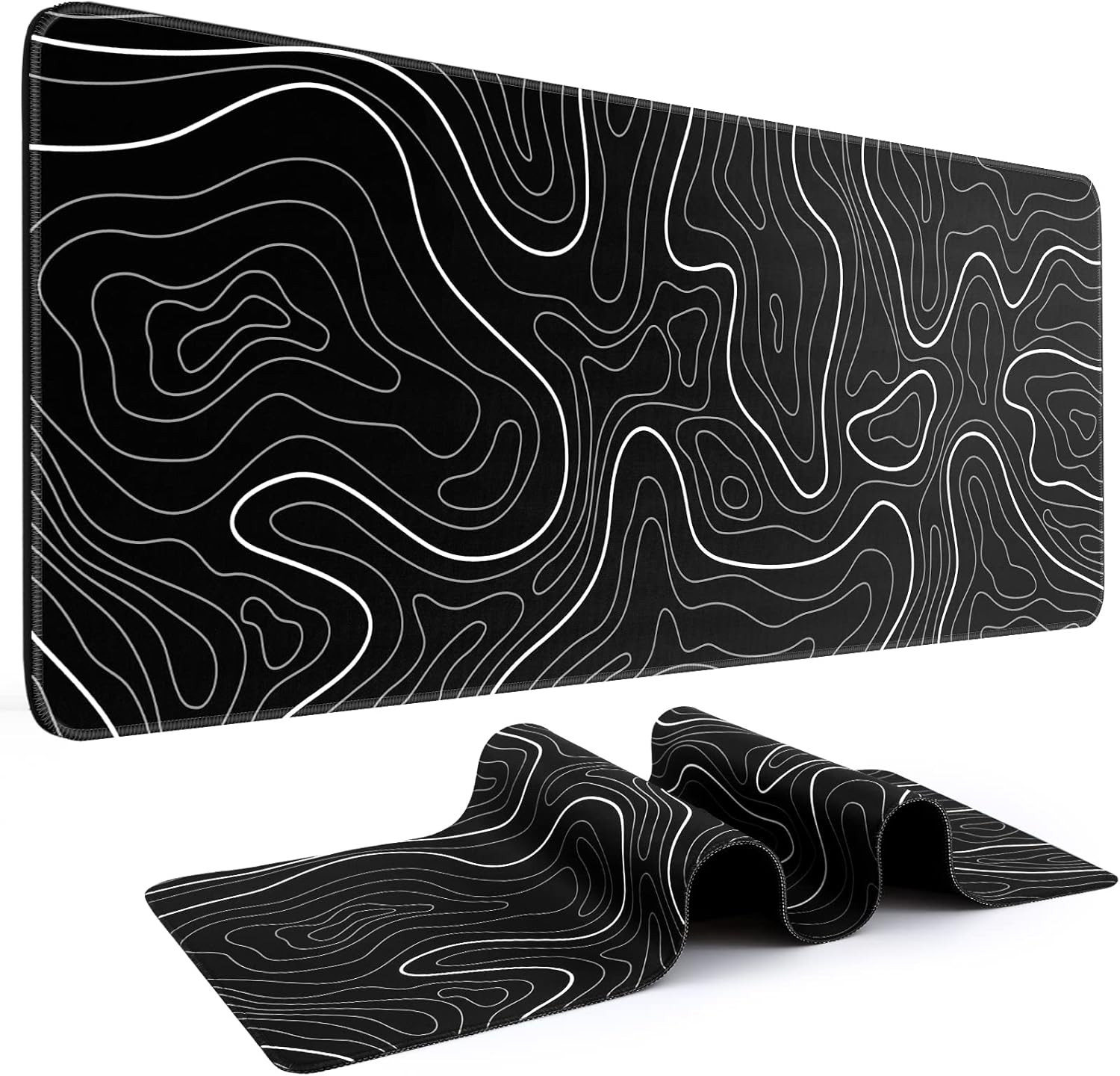 Gaming Mouse Pad, Black with White Topographic Line, 31.5X11.8In | XL