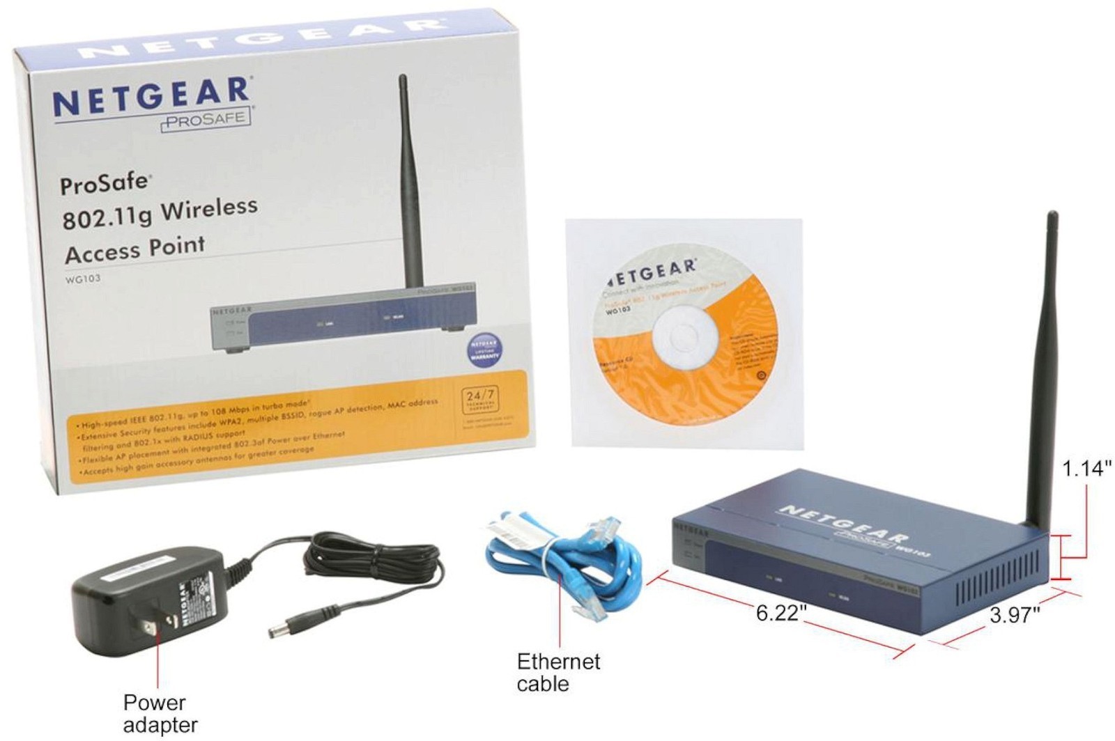Netgear ProSAFE 802.11g Wireless Access Point 54 Mbps WG103-100NAS antenna