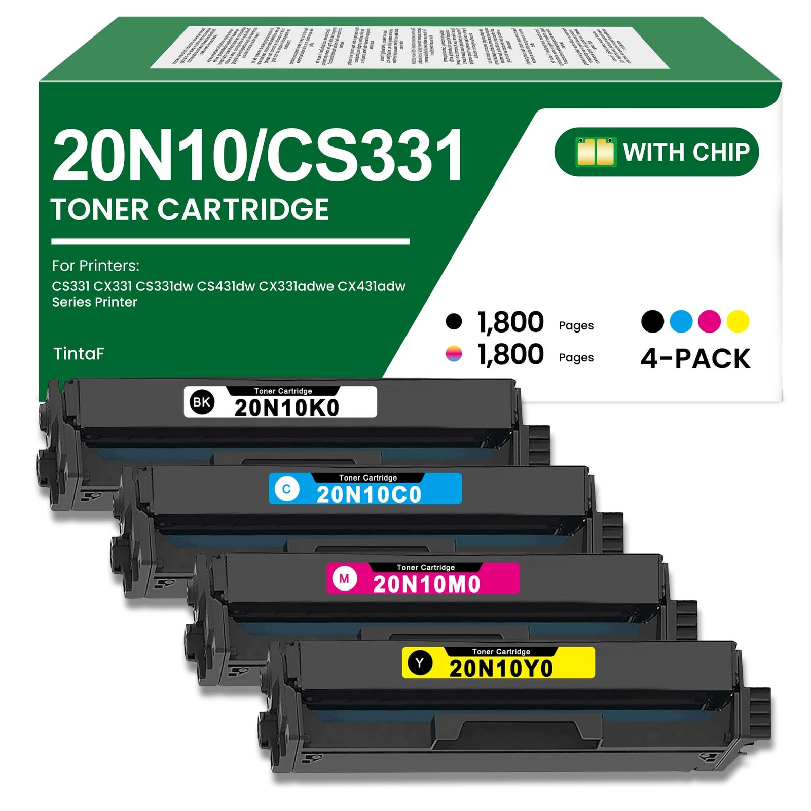CS331 CX331 Toner Cartridge (with Chip) 4 Pack, Black/Cyan/Magenta/Yellow