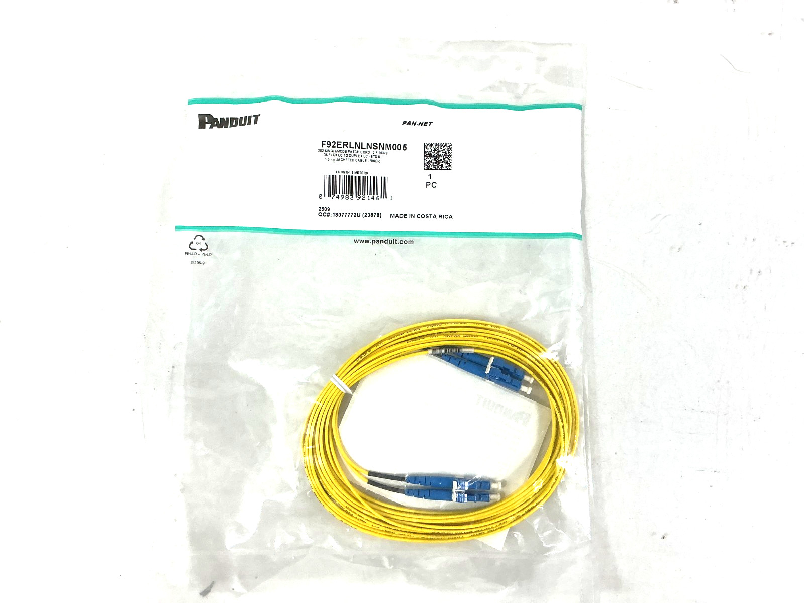 Panduit 5M OS2 LC/LC Duplex Single-Mode Fiber Patch Cable OFNR - F92ERLNLNSNM005