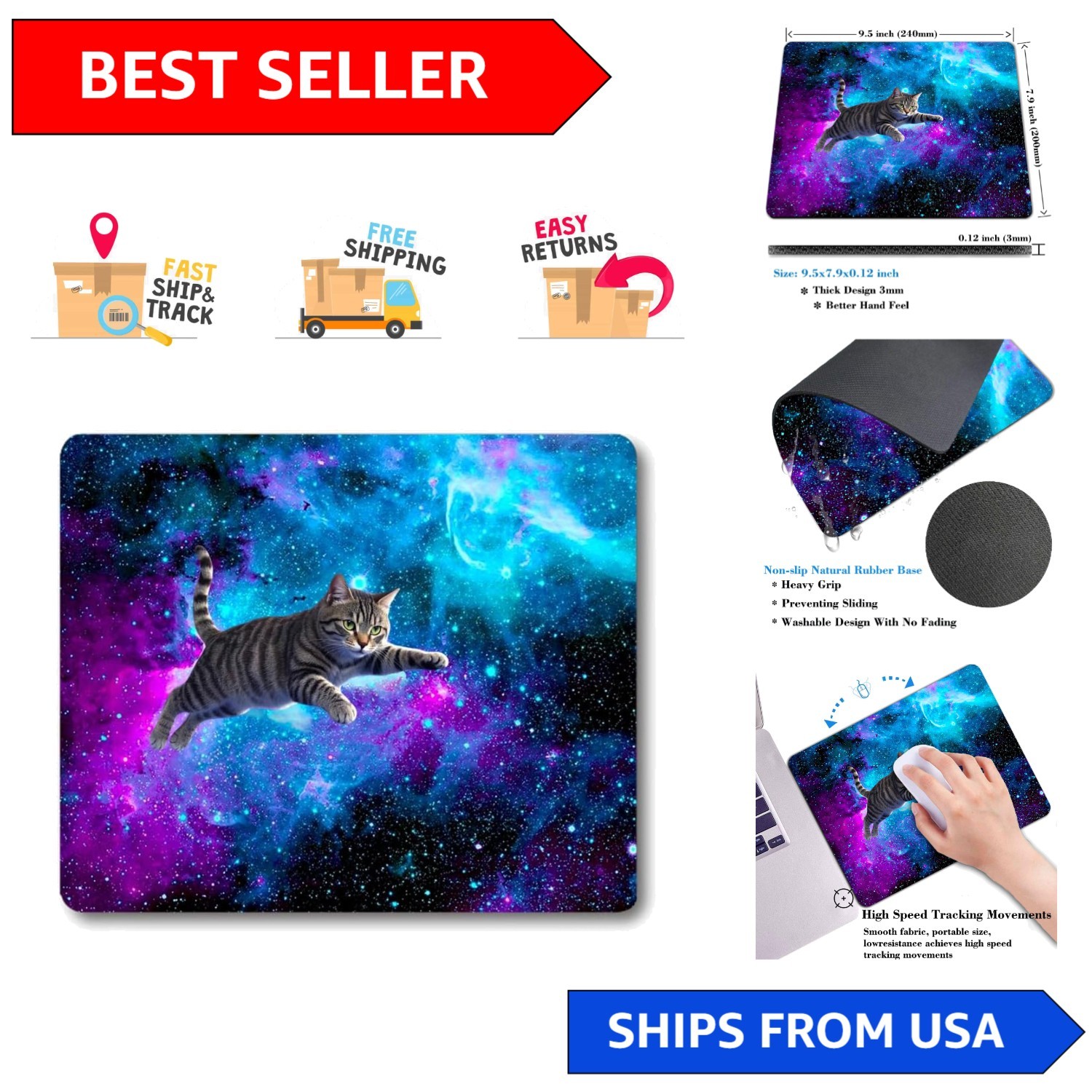Whimsical Flying Cat Desk Mat - Waterproof 3mm Thick Mouse Pad for All Spaces