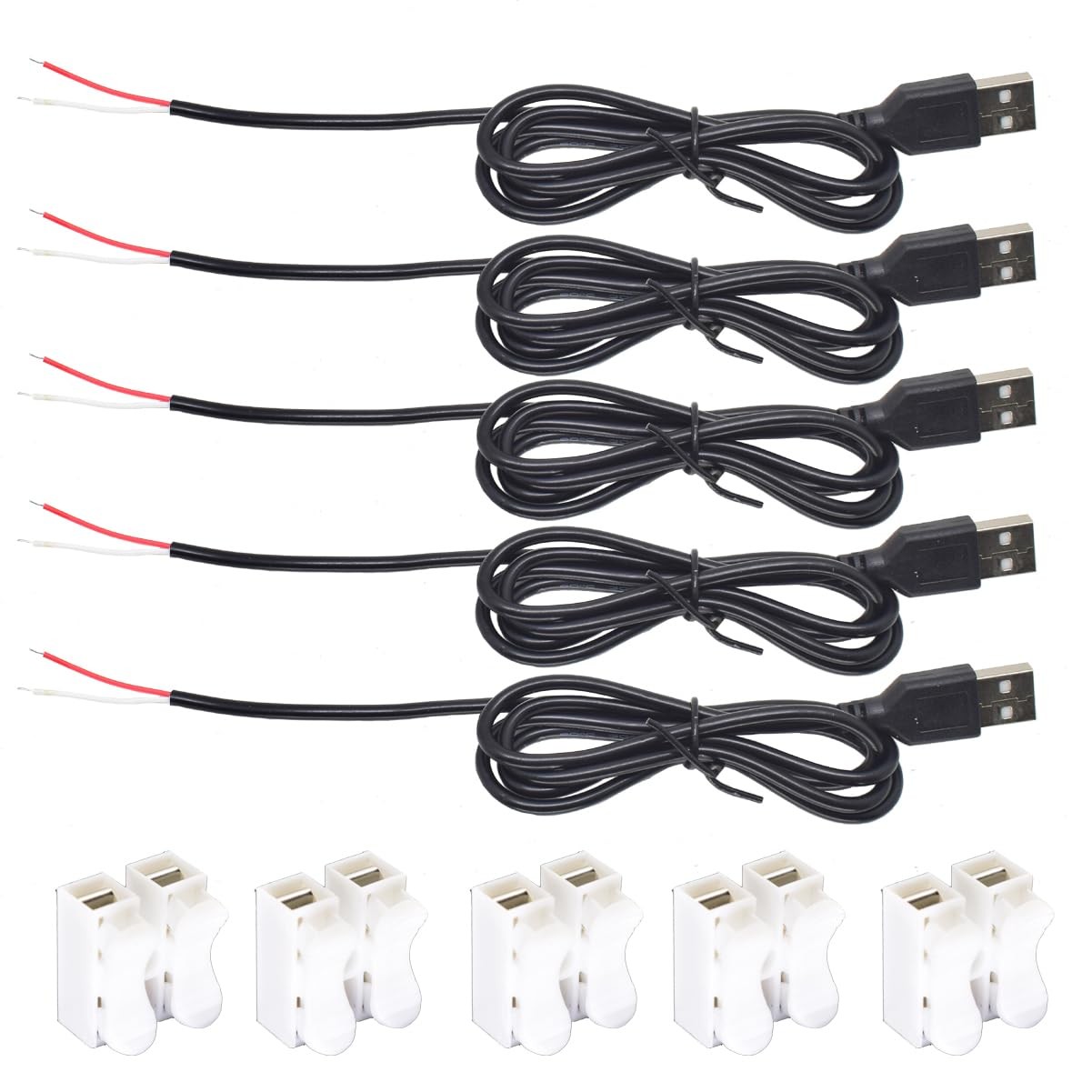 ELNONE 5pcs USB 2 Wire Pigtail Cable 1A 5V 1M 3.3ft Black Red,very,White