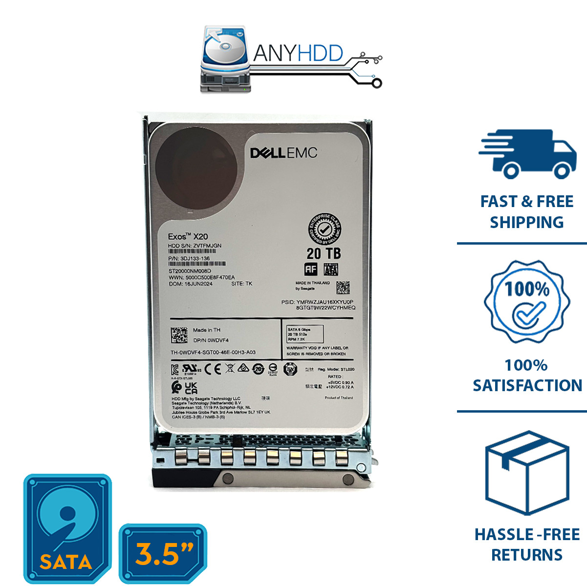 NEW Dell EMC 20TB SATA HDD 3.5in ST20000NM008D – Exos X20 - 0WDVF4 - DELL CADDY