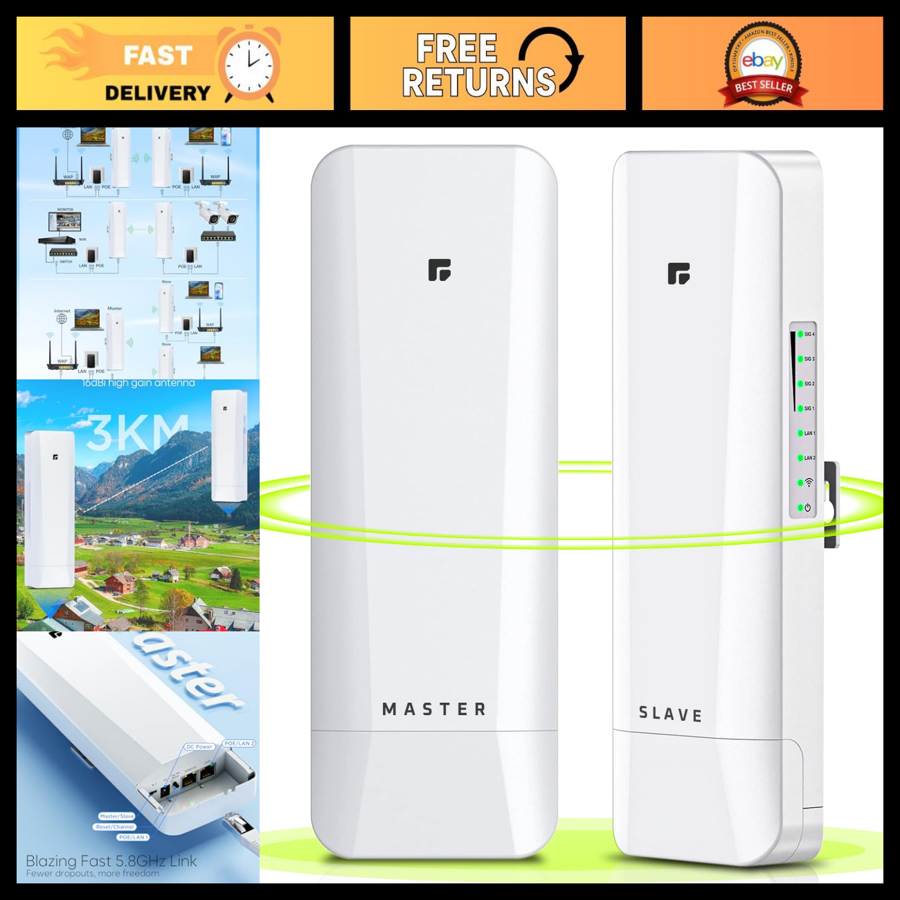5.8GHz Wireless Bridge Point to Point/Multipoint, 3KM Outdoor Network Kit - 2-Pa