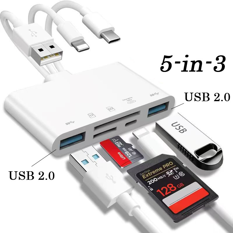 1pc Memory Card Reader 5 in 1 USB OTG Adapter SD Card Reader For iPhone/iPad