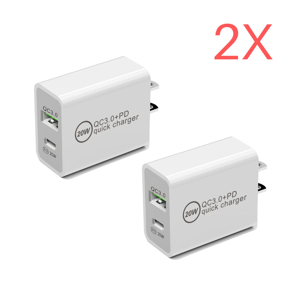 2 Pack 20W PD QC 3.0 Power Adapter US Plug USB C Fast Charger Cable For Samsung