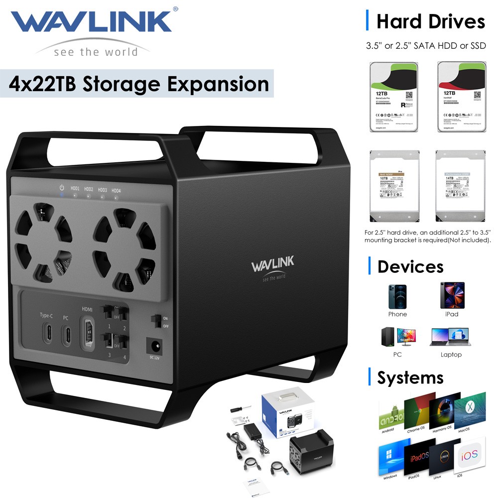 WAVLINK 4-Bay Hard Drive Enclosure for 3.5" and 2.5'' SATA HDD/SSD w/Cooling Fan
