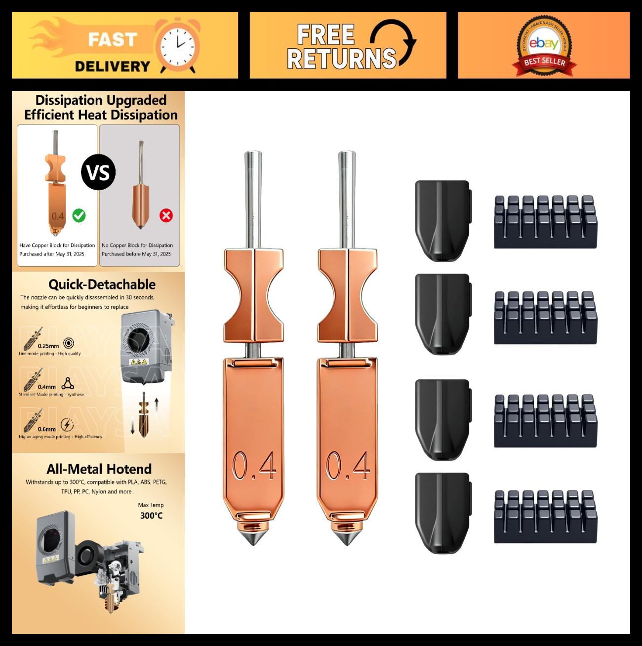 Upgraded Hotend Nozzle Kit 2PCS 0.4mm All-Metal Hardened Steel Quick-Detach High