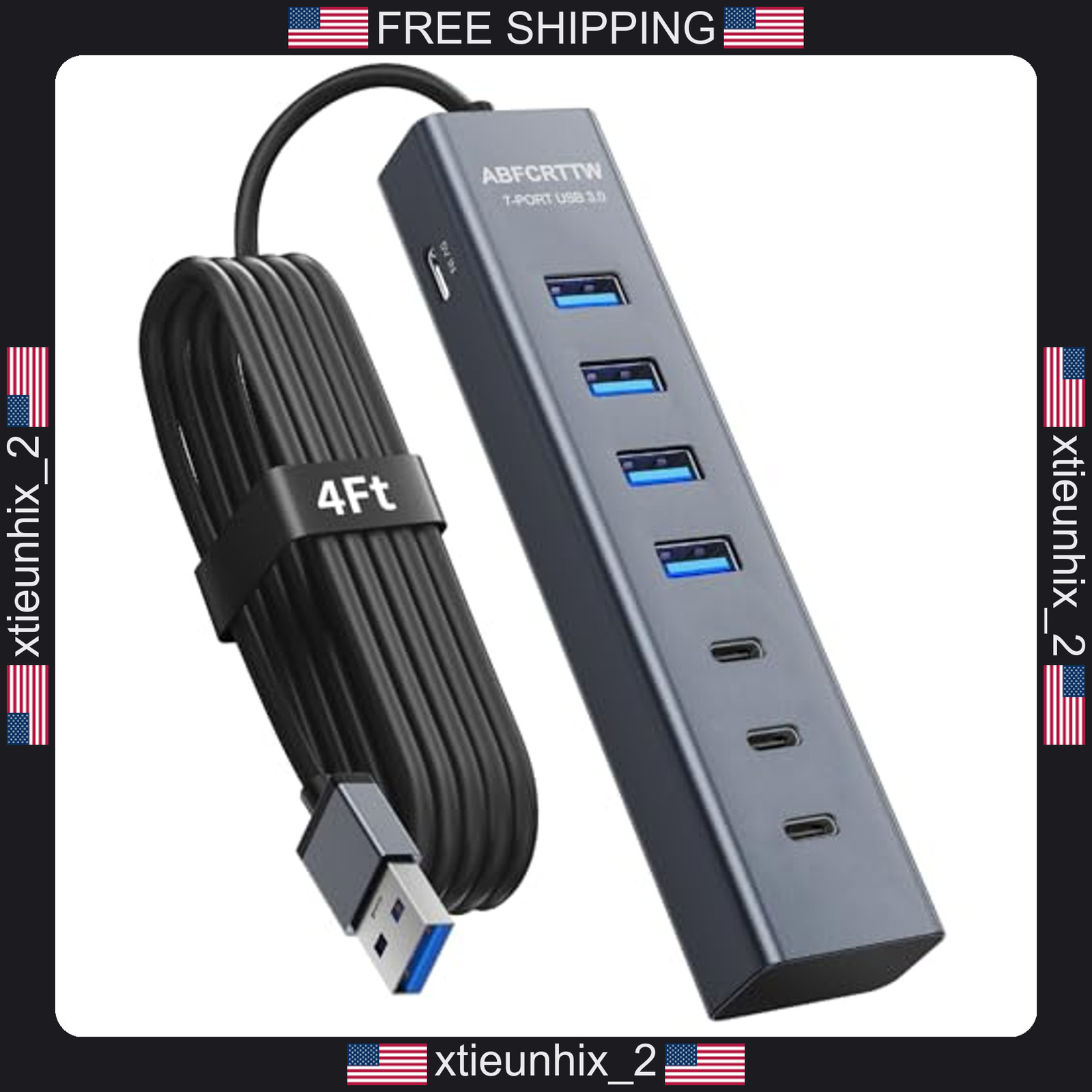 USB 3.0 Hub 7 Ports Aluminum Extender with 4ft Cable for Desktop