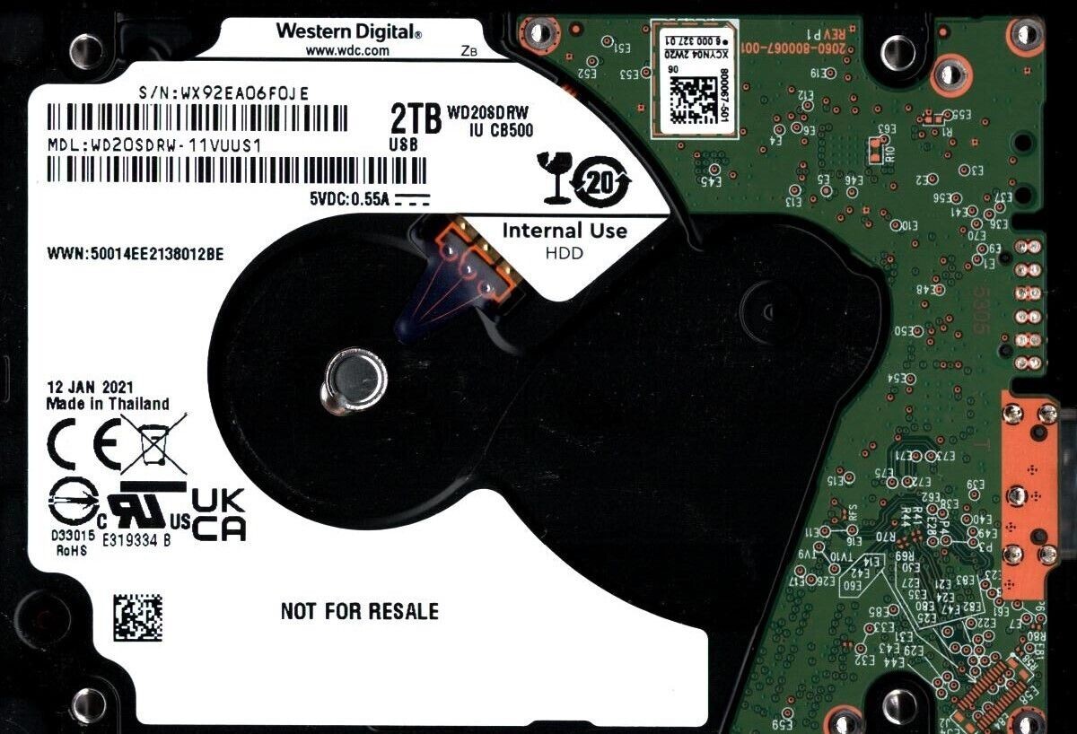 WD20SDRW-11VUUS1 S/N: WX92E WESTERN DIGITAL 2TB THAILAND JAN 2021