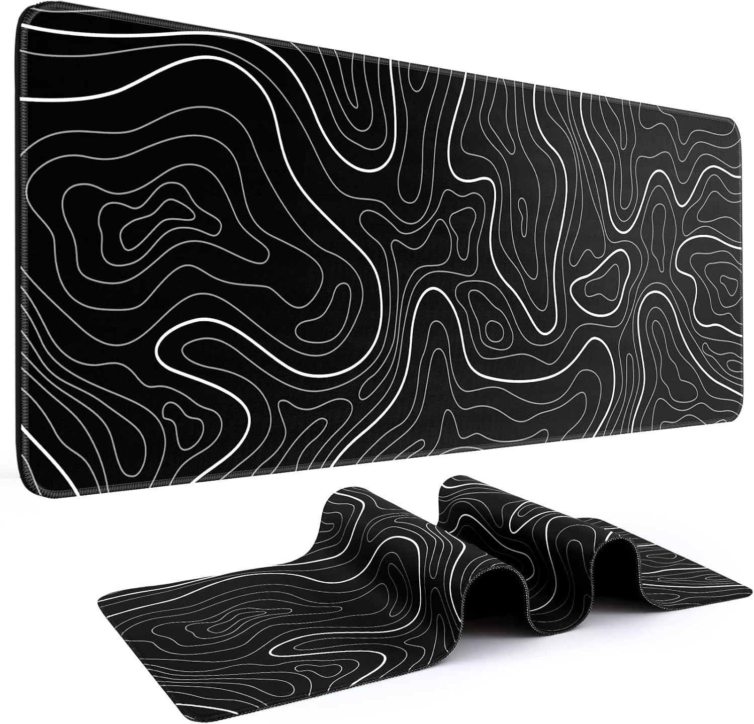 Gaming Mouse Pad, Black with White Topographic Line, 31.5x11.8in