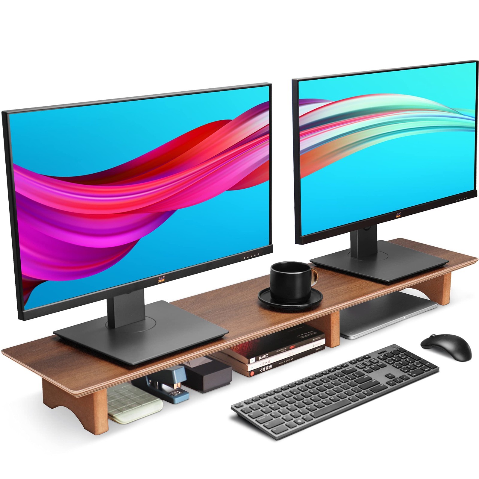 Solid Wood Dual Monitor Stand Riser - 43 Inch Black Walnut Desk Organizer for 2