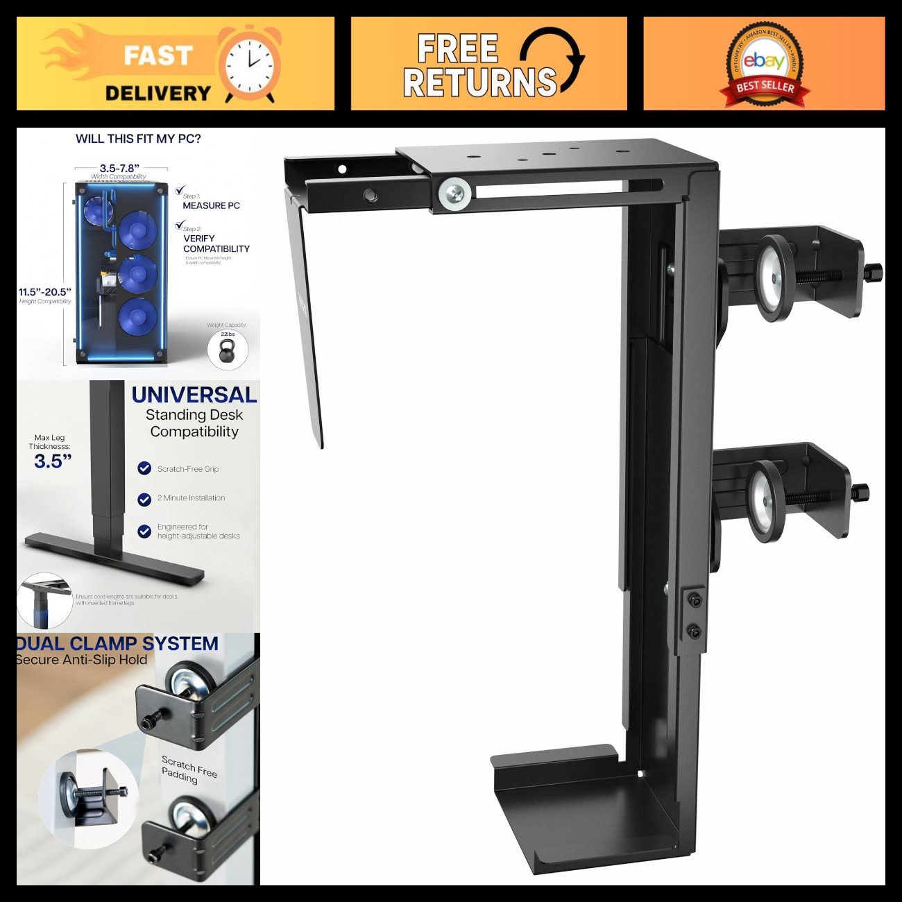 Clamp-On Desk Leg PC Mount - Adjustable Monitor Stand, Space-Saving Design, Blac