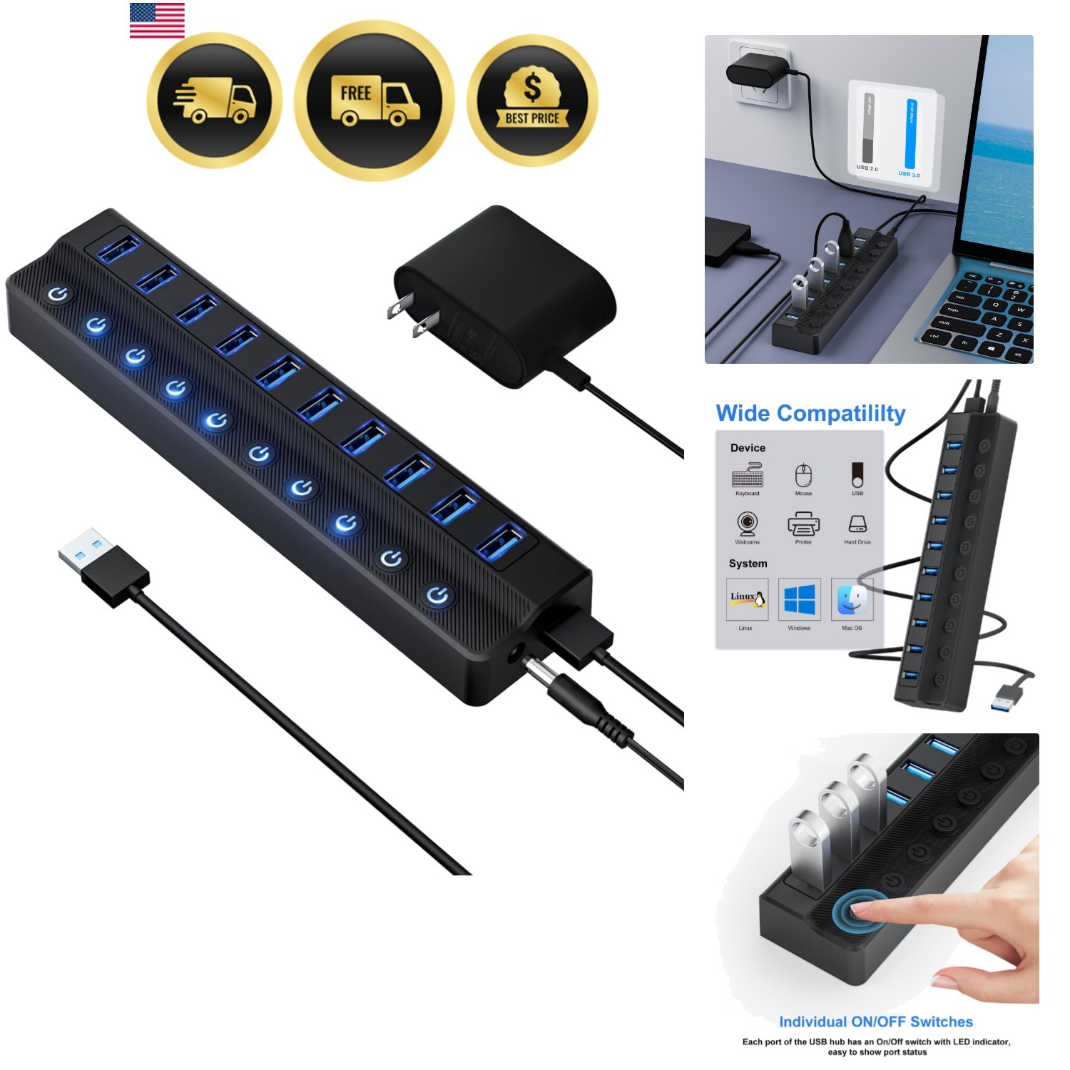 USB Hub 10 Port USB 3.0 Splitter Fast Data Transfer with Power Switches