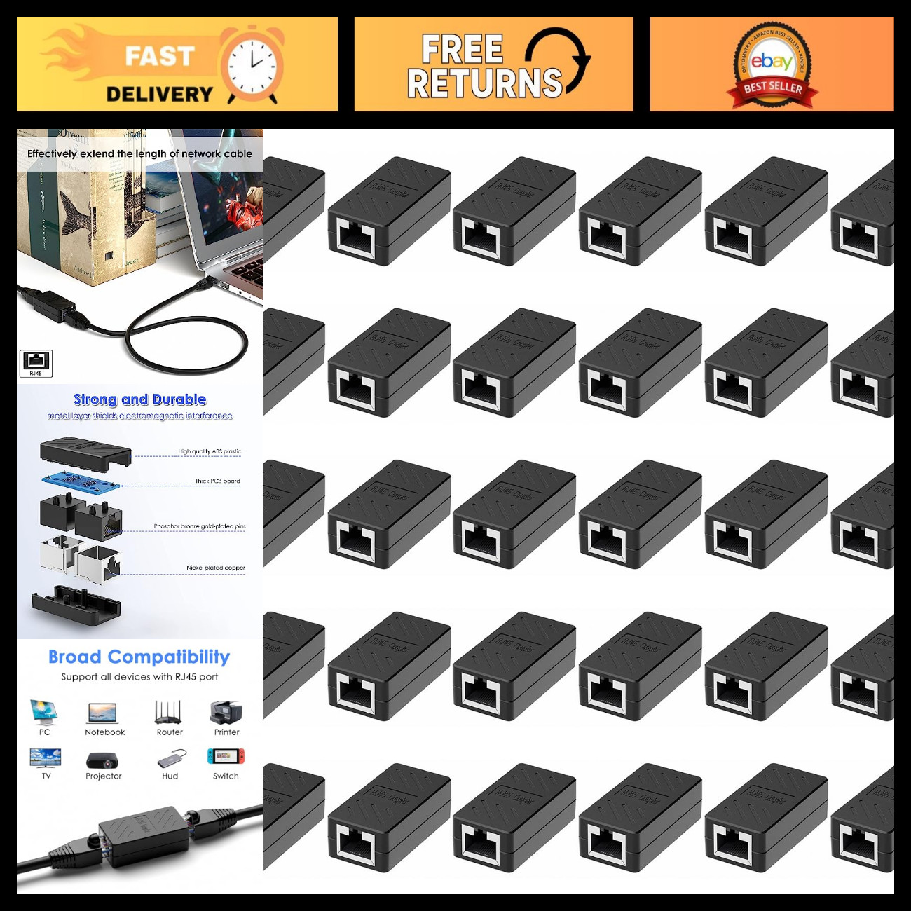 Ethernet Coupler RJ45 Female to Female, Cat7/Cat6/Cat5e Extender, 30 Pack, Black