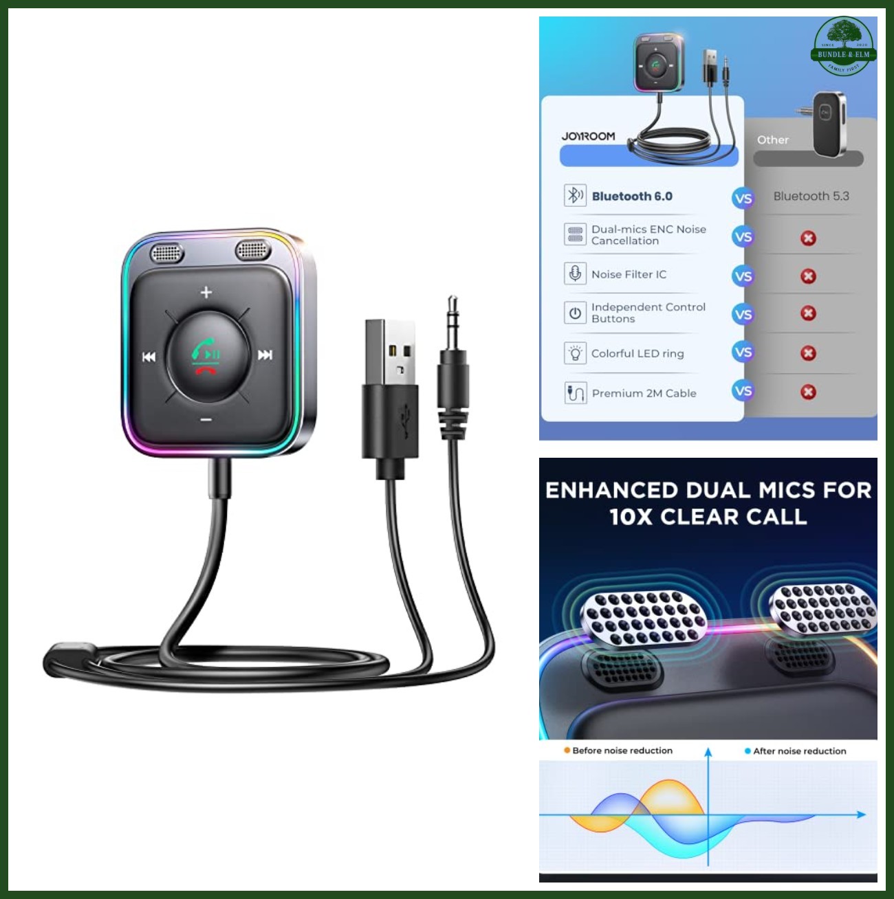JOYROOM Bluetooth 6.0 AUX Car Adapter, Dual Mics Noise Cancellation