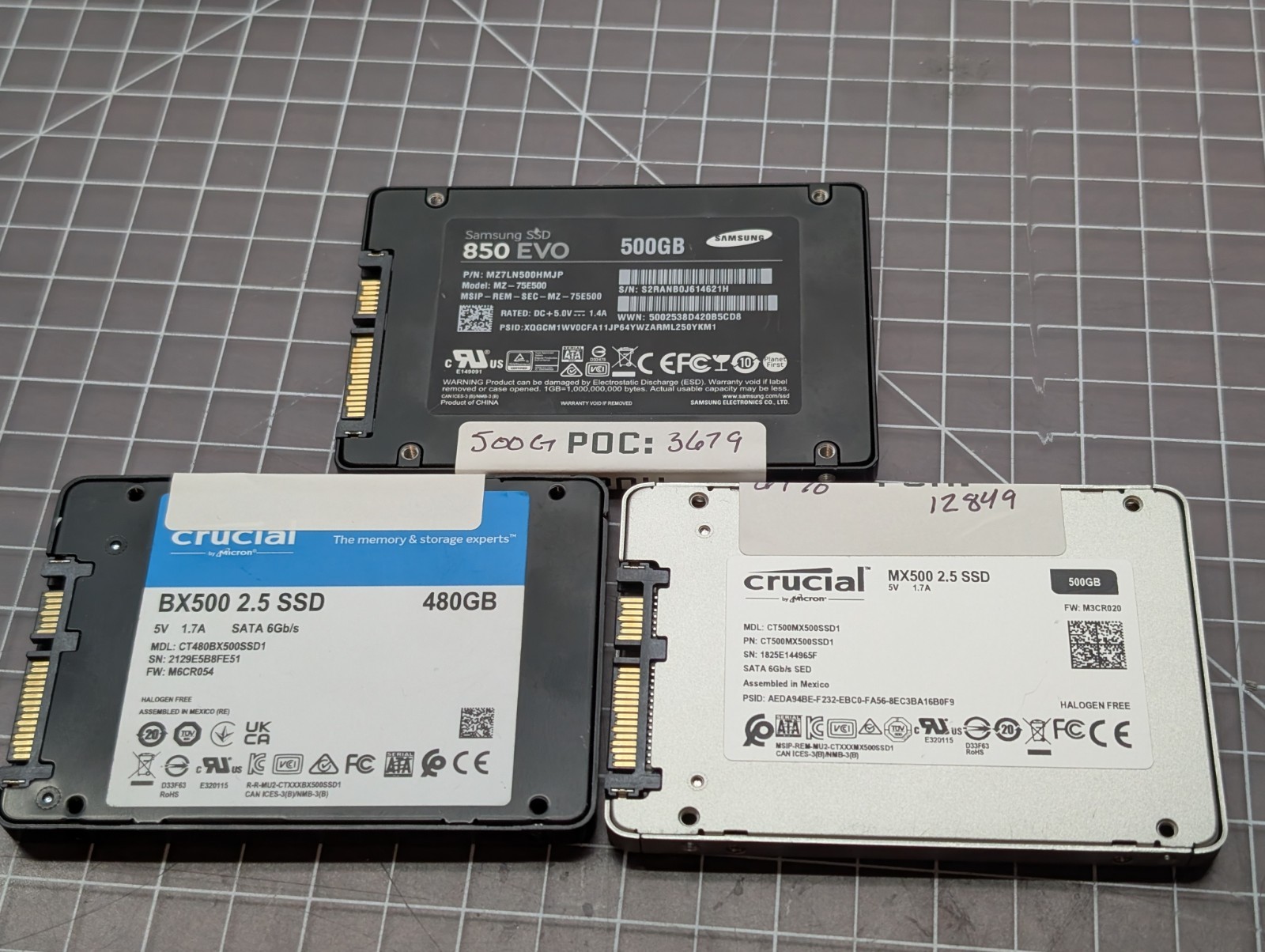 *Lot of 3* Samsung + Crucial 480GB / 500GB SSDs 2.5" SATA Solid State Drives