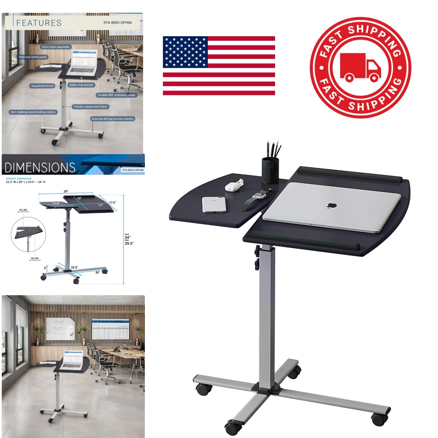 Rolling Adjustable Laptop Cart with Ergonomic Tilt and Locking Casters Graphite