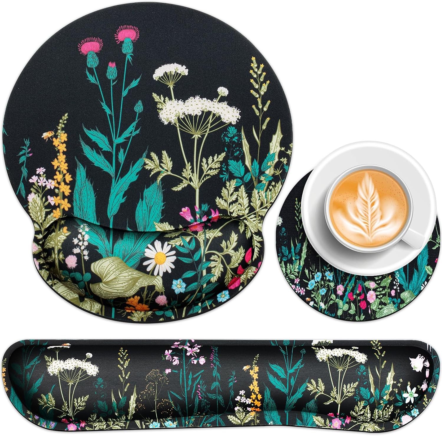 Mouse Pad with Wrist Rest Set, 3-in-1 Wrist Support Mouse Pad Set, Floral Gam...