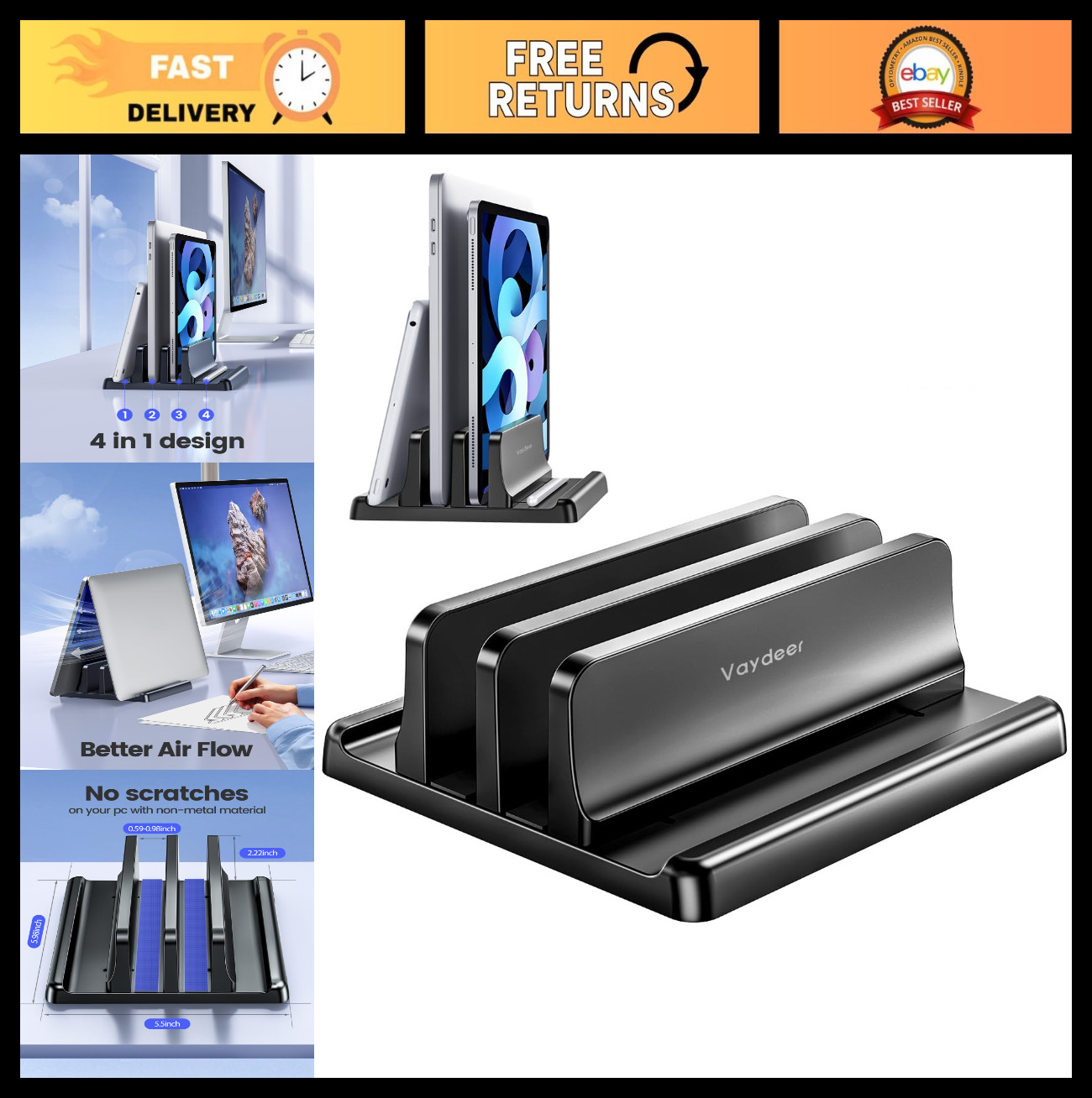 Vertical Laptop Stand - Dual Slot Adjustable Organizer, Space-Saving 4-in-1 Desi