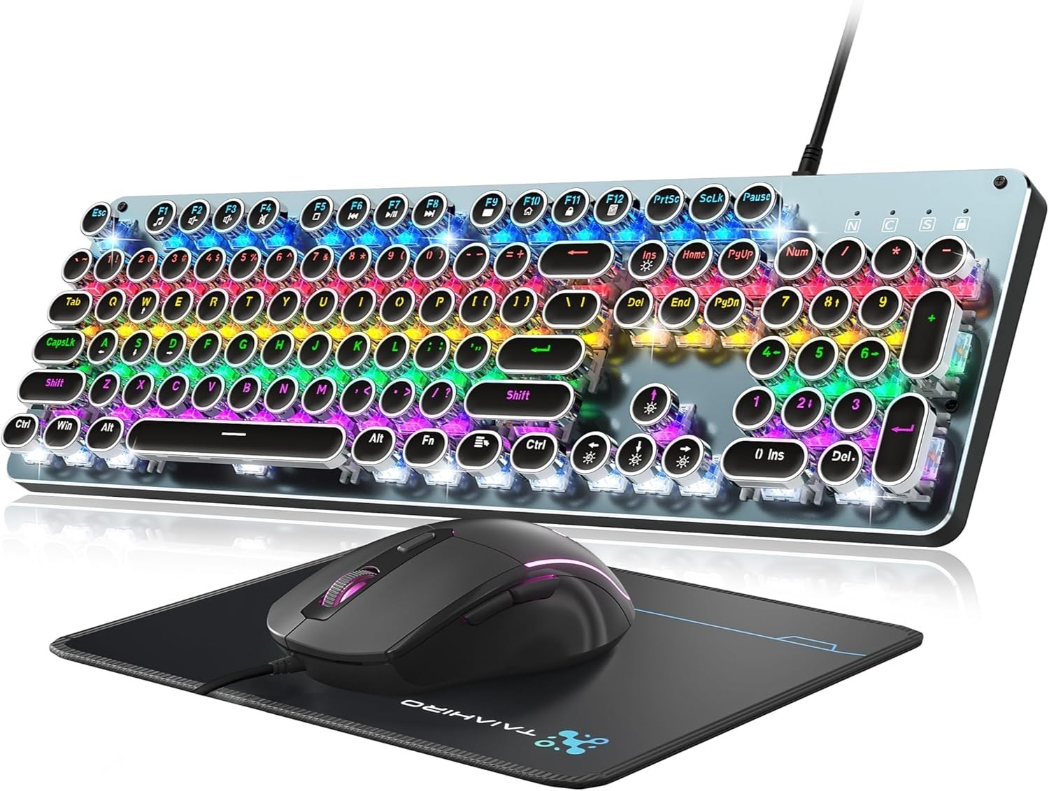Typewriter Style Mechanical Gaming Keyboard Blue Switch, Rainbow LED Backlit Wir
