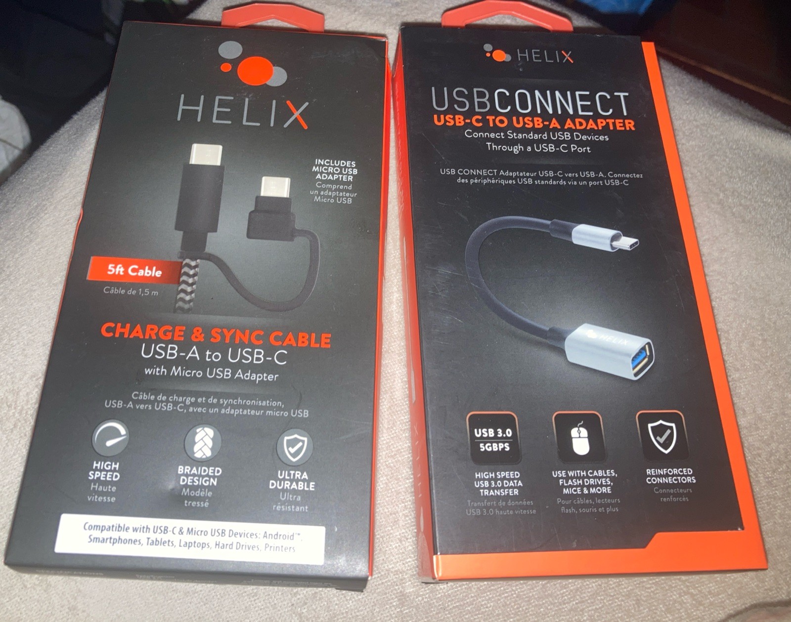 HELIX USB CONNECT USB-C TO USB-A ADAPTER + 5ft USB-A to USB C Cable(NEW IN BOX)