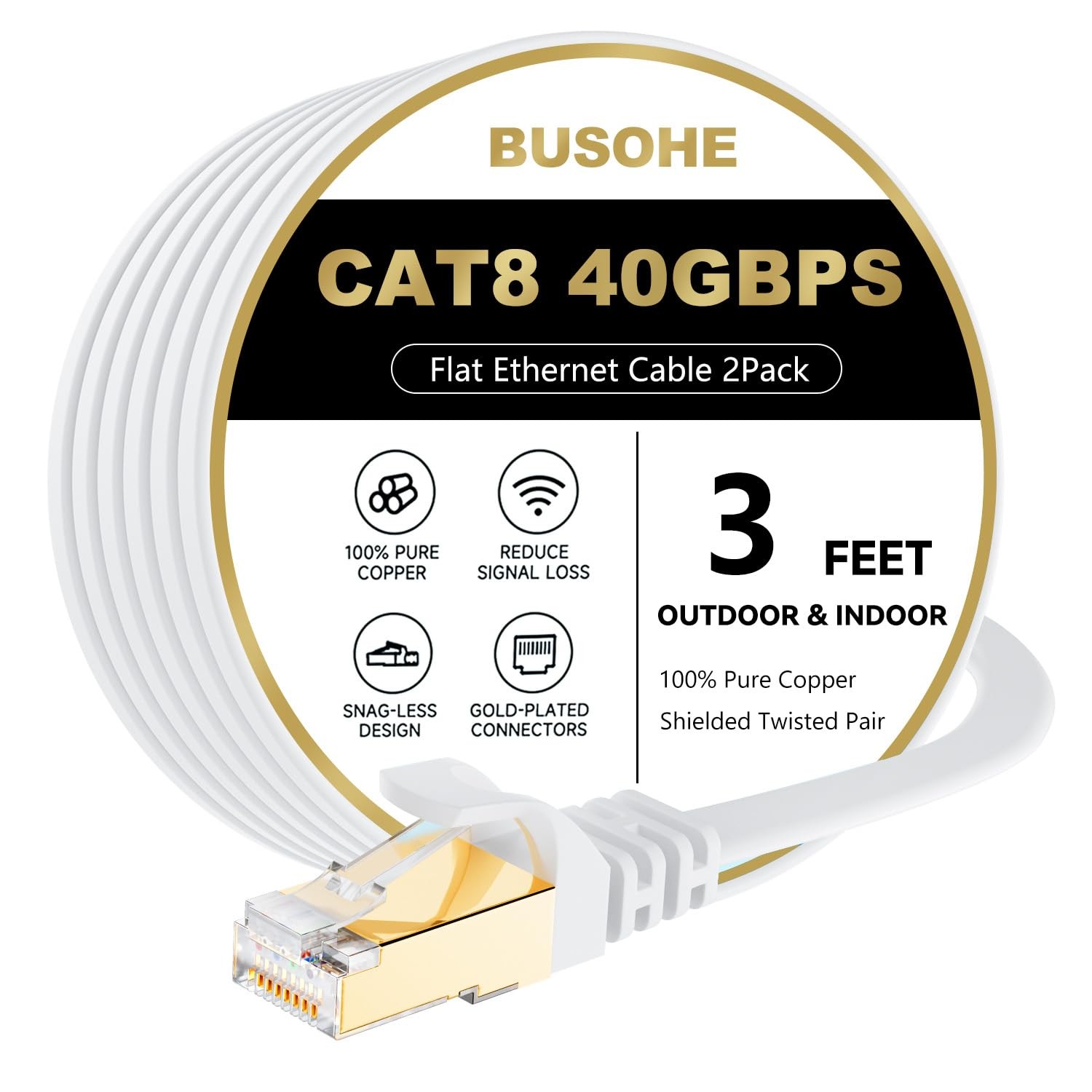 BUSOHE Cat 8 Ethernet Cable 3 FT 2Pack, 40Gbps 2000Mhz High Speed Flat Cat8 Cabl