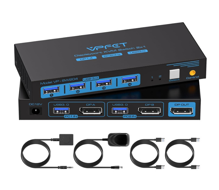 Displayport KVM Switch 2X1 DP1.4 Resolutions 8K@60hz USB 3.0