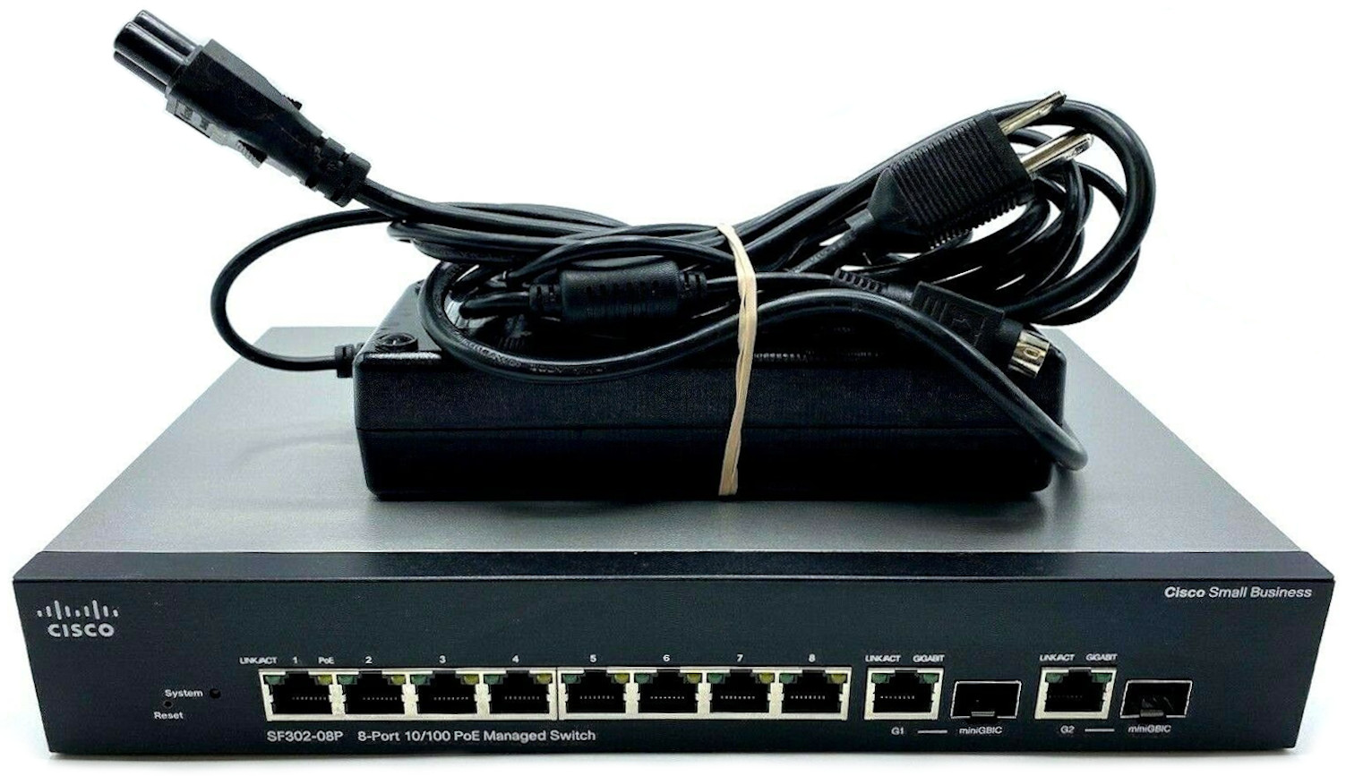 Cisco SF302-08P SRW208P-K9 V02 8-Port 10/100 PoE Managed Switch - w/ AC ADAPTER 